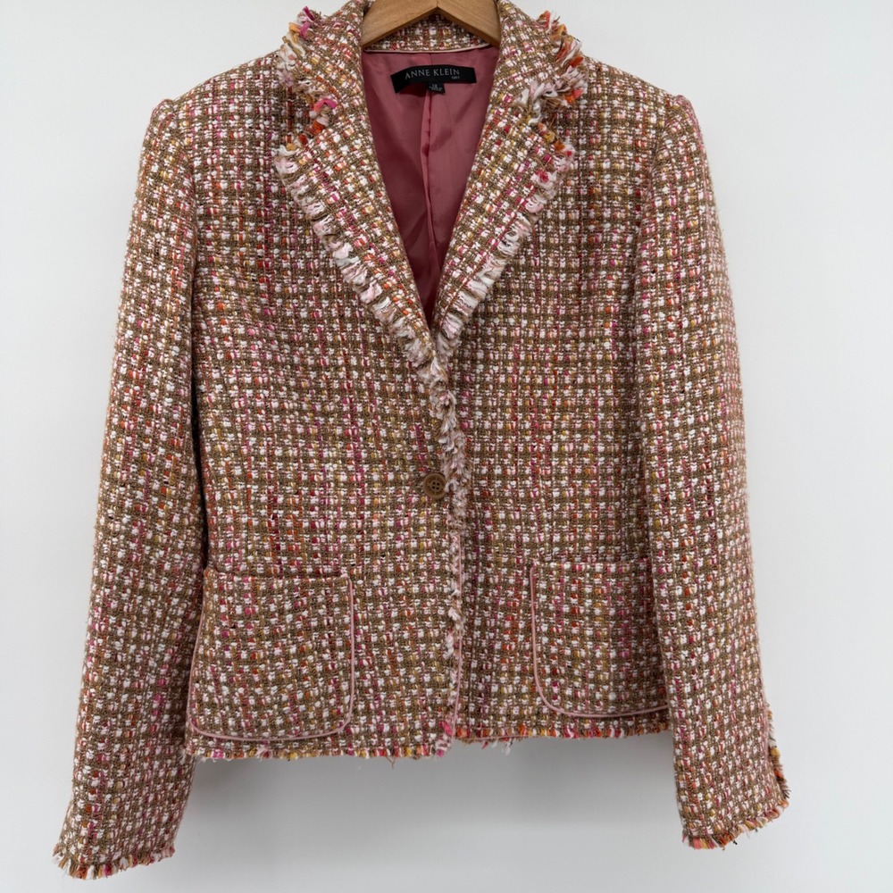 Anne Klein Suit Womens 12 Tweed Blazer Pink Orange Fringed Trim Single Button